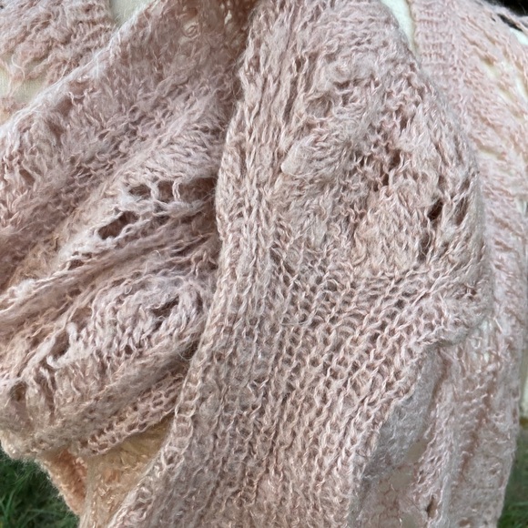 80s Regina Porter Vintage Open Knit Sweater Deep V Neck Pale Pale Pink Boho L - Picture 3 of 7